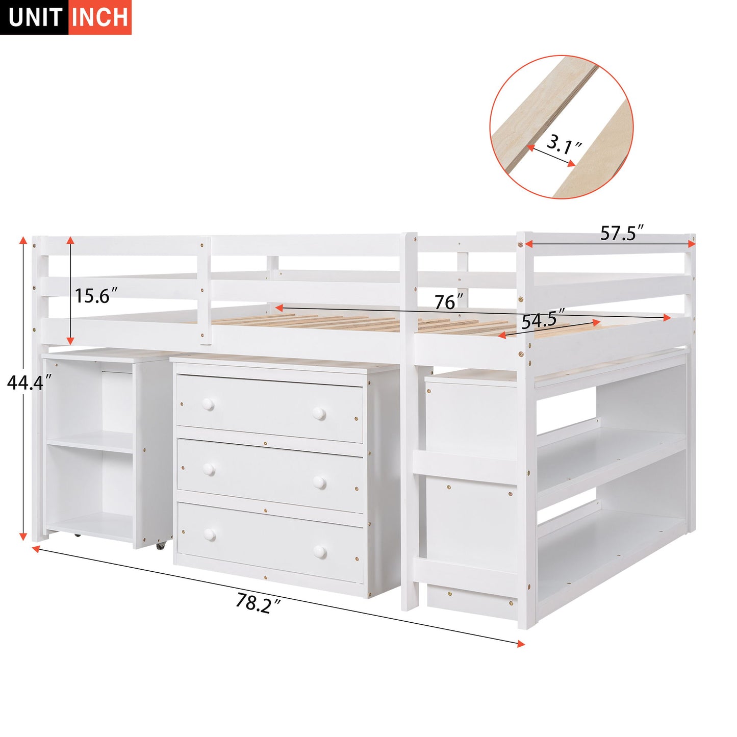 Full Loft Low Study Bed With Cabinet, Shelves And Rolling Portable Desk, Multiple Functions - White