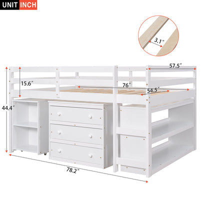 Full Loft Low Study Bed With Cabinet, Shelves And Rolling Portable Desk, Multiple Functions - White