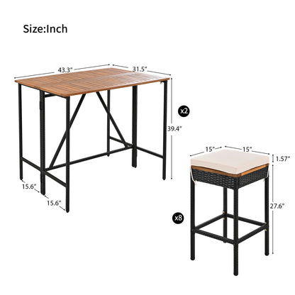 10 Piece Outdoor Acacia Wood Bar Height Table And 8 Stools With Cushions, Garden Wicker Dining Table, Foldable Tabletop, High Dining Bistro Set, All-Weather Patio Furniture - Brown