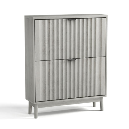 Shoe Cabinet With 2 Flip Drawers, Fluted Shoe Storage Cabinet For Entryway, Free Standing Shoe Storage Organizer With Wave Doors For Heels, Boots, Slippers In Hallway, Living Room - Gray