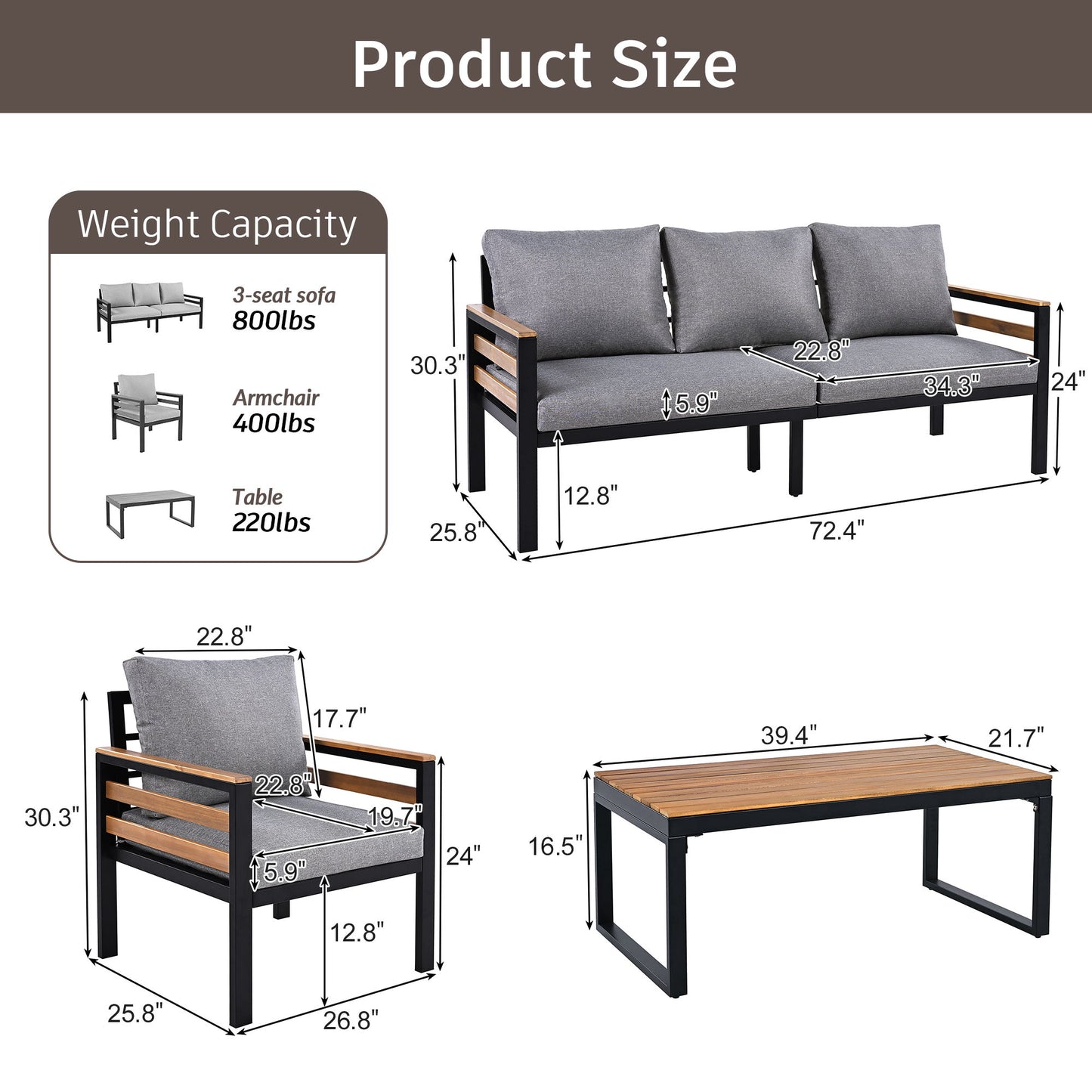4 Piece Outdoor Furniture Sofa Set For 5 People With Acacia Wood Armrests, Patio Conversation Set With Removable Cushion And Solid Wood Coffee Table For Garden And Backyard - Gray