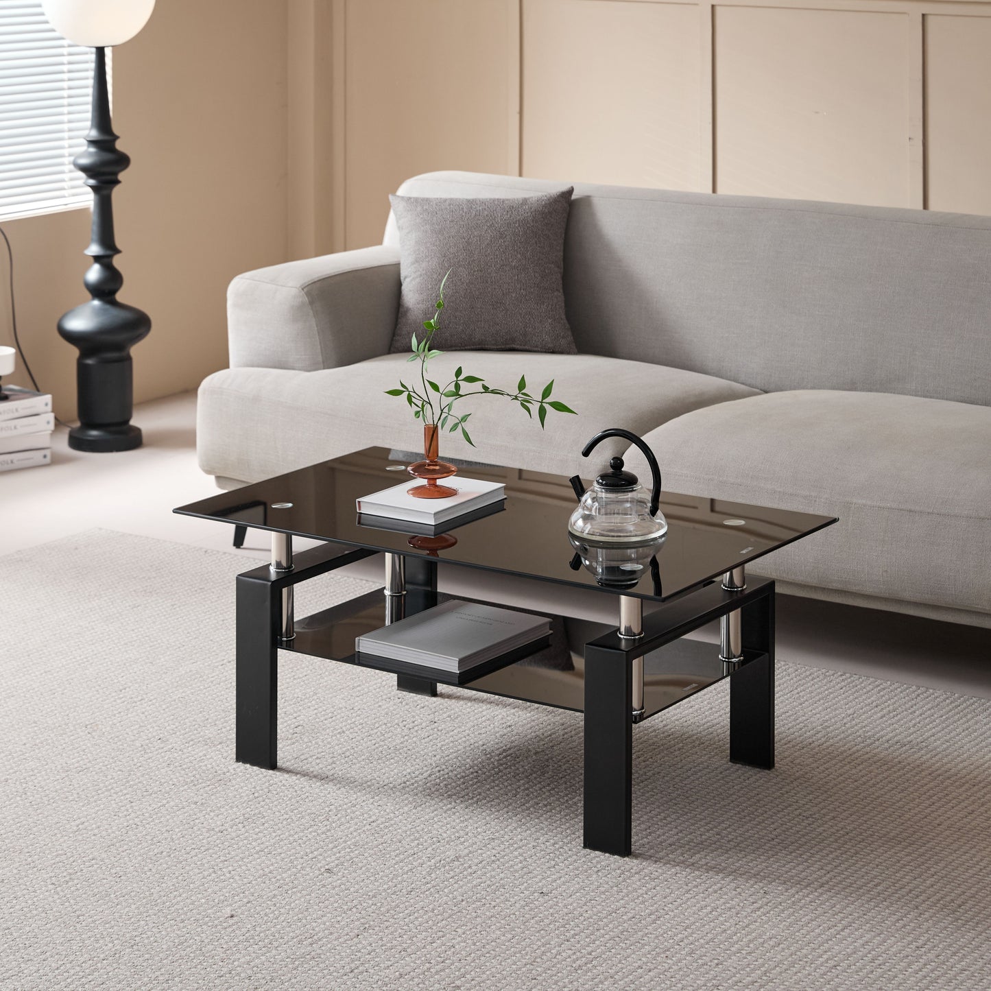 Tempered Black Glass Coffee Table, 2-Layers Tea Table - Black