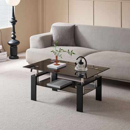 Tempered Black Glass Coffee Table, 2-Layers Tea Table - Black