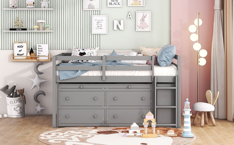 Full Size Loft Bed With Retractable Writing Desk And 4 Drawers, With Lateral Portable Desk And Shelves - Gray