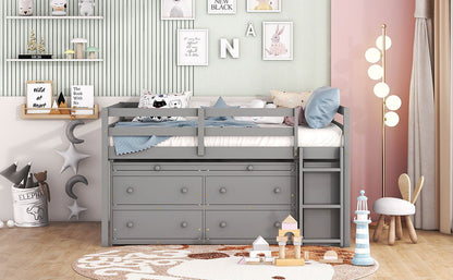 Full Size Loft Bed With Retractable Writing Desk And 4 Drawers, With Lateral Portable Desk And Shelves - Gray