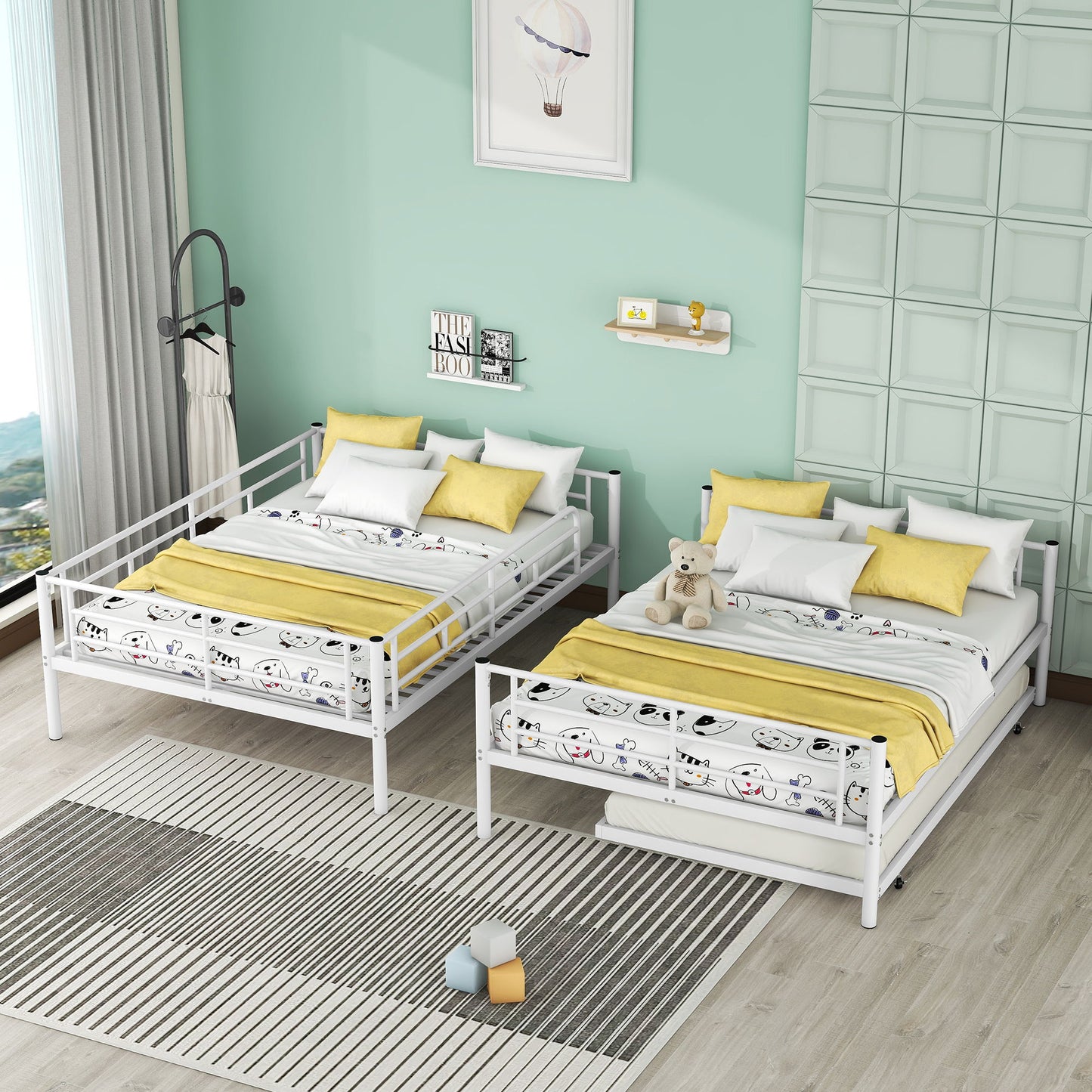 Full Over Full Metal Bunk Bed With Trundle - White