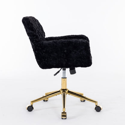Office Chair, Artificial Rabbit Hair Home Office Chair With Golden Metal Base, Adjustable Desk Chair Swivel Office Chair, Vanity Chair - Black
