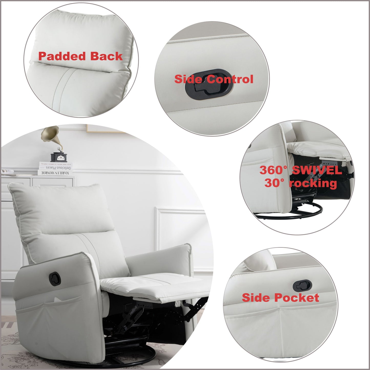 Rocking Recliner Chair, 360 Degree Swivel Nursery Rocking Chair, Glider Chair, Modern Small Rocking Swivel Recliner Chair For Bedroom, Living Room Chair Home Theater Seat, Side Pocket - Light Gray