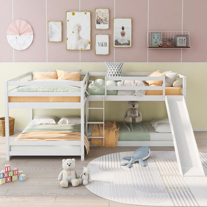 Full And Twin Size L-Shaped Bunk Bed With Slide And Short Ladder - White