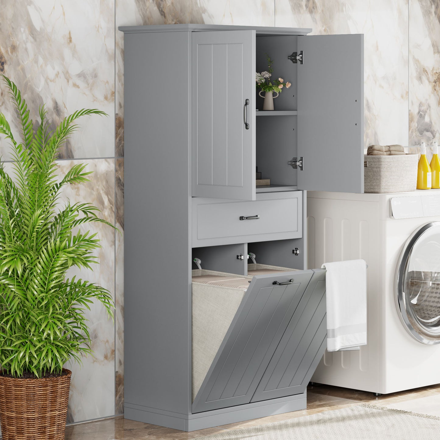 Stylish Bathroom Storage Cabinet With 2 Laundry Baskets - Gray