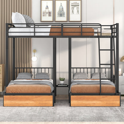 Full Over Twin & Twin Bunk Bed, Triple Bunk Bed With Drawers And Guardrails - Black