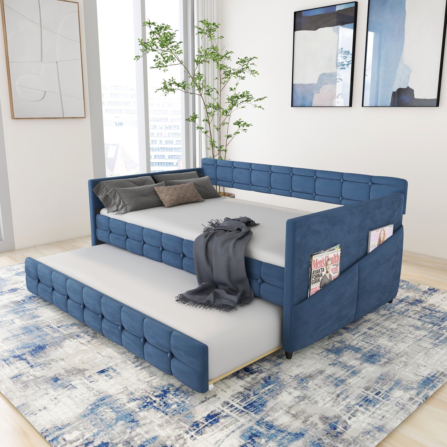 Upholstered Twin Size Daybed With Trundle, Velvet Fabric, No Box Spring Required, Comfortable And Simple Design Models - Blue