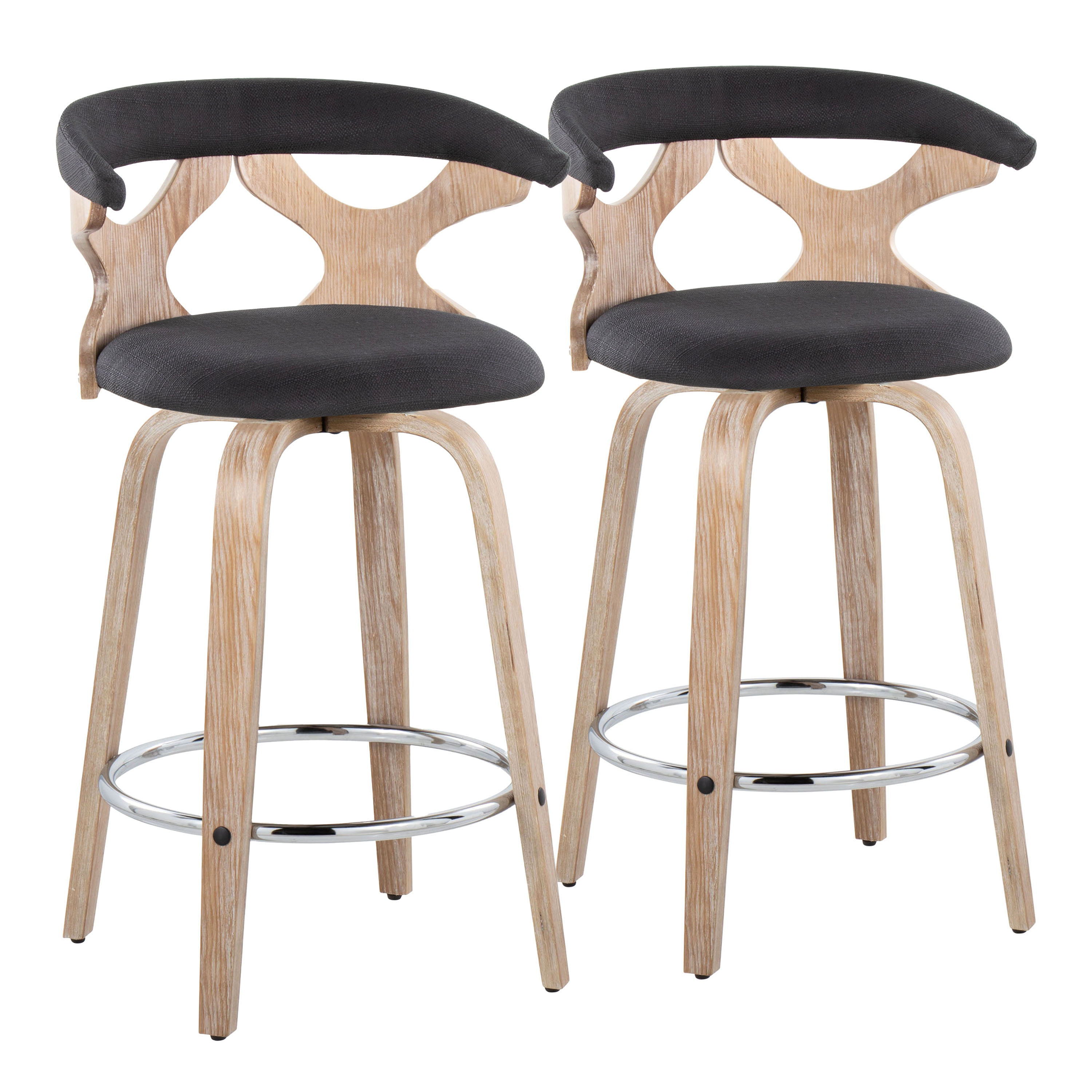 Gardenia - Contemporary Fixed Height Counter Stool With Swivel With Round Footrest (Set of 2) - White Washed / Charcoal