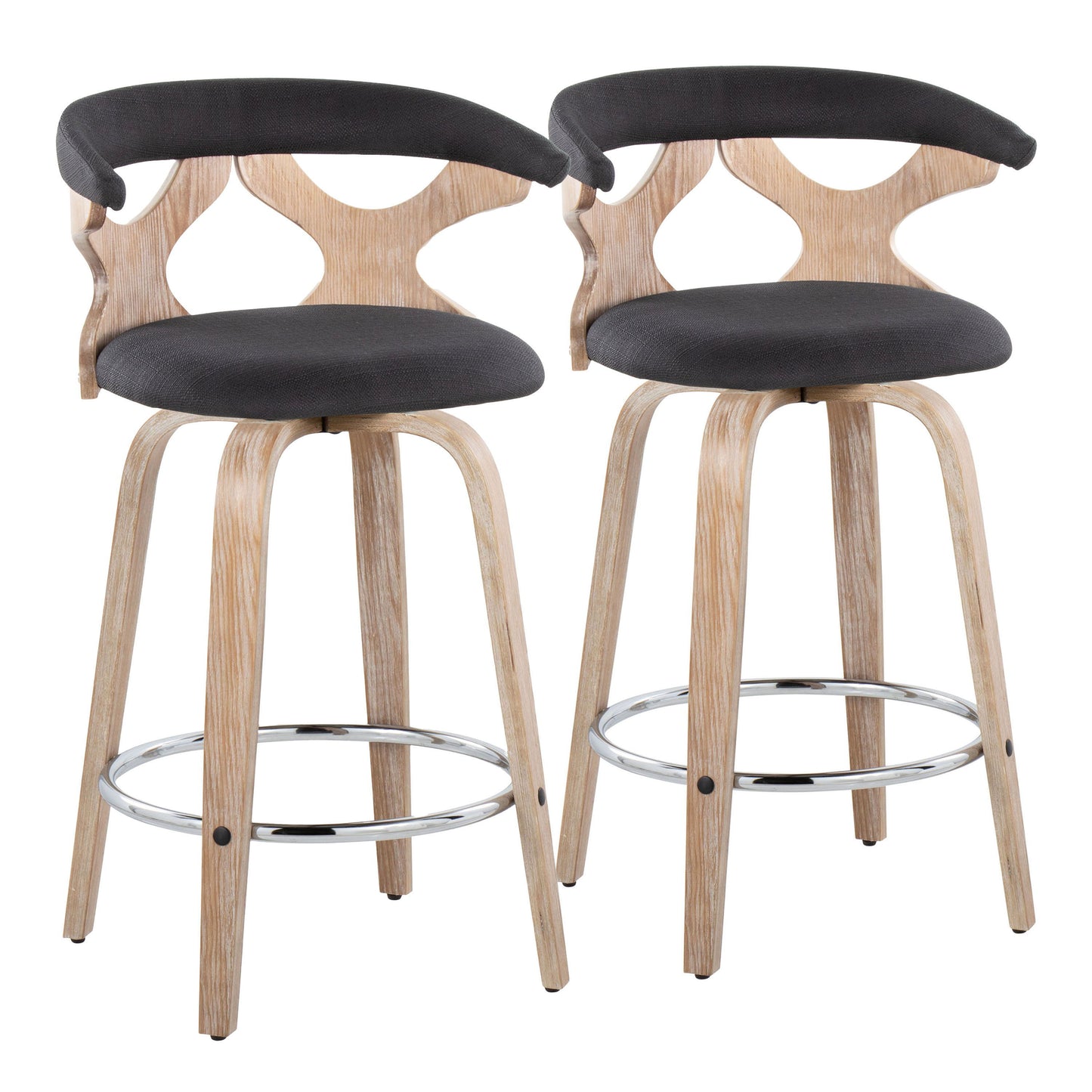 Gardenia - Contemporary Fixed Height Counter Stool With Swivel With Round Footrest (Set of 2) - White Washed / Charcoal