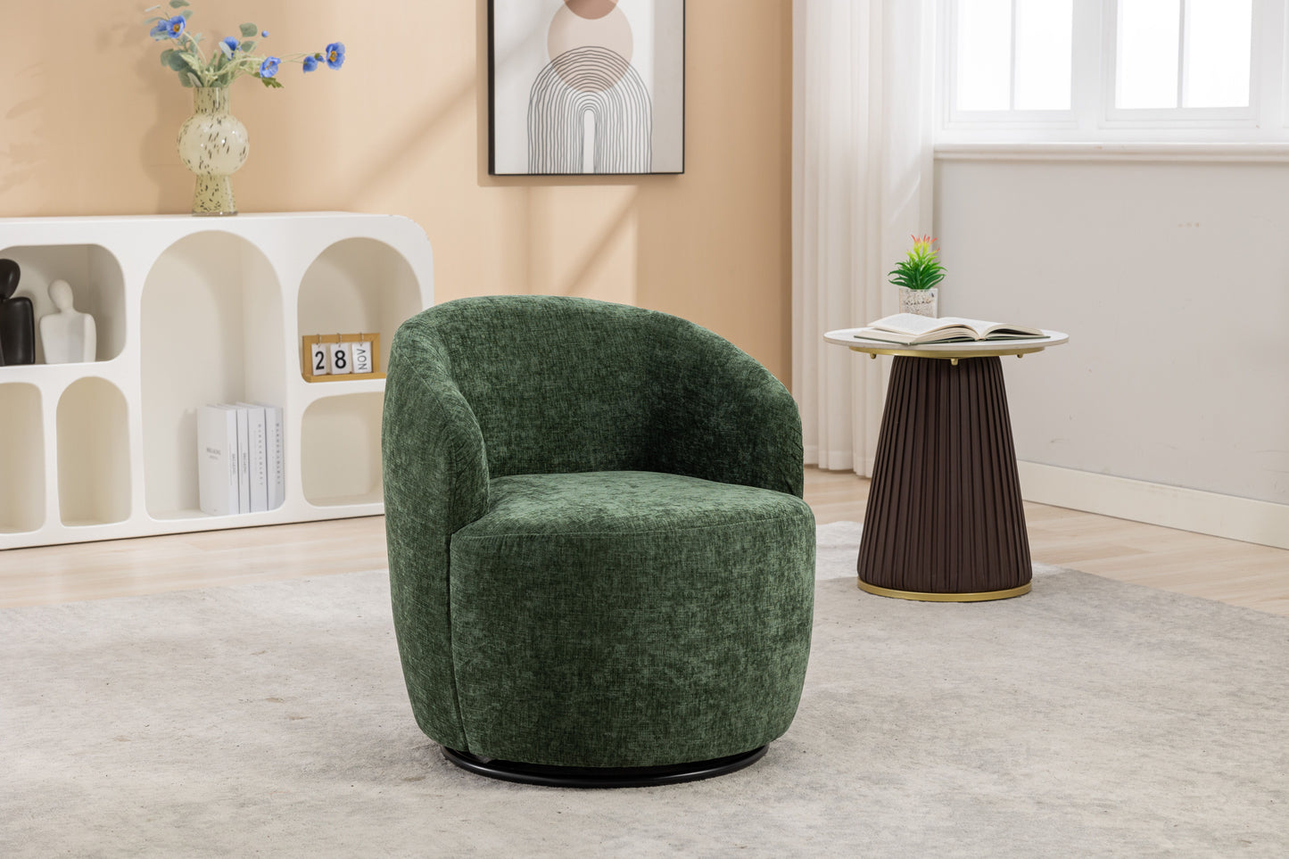 Chenille Fabric Swivel Accent Armchair Barrel Chair With Black Powder Coating Metal Ring - Green