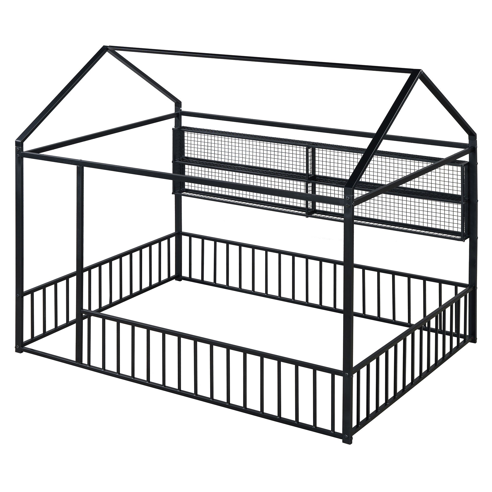 Full Size Bed House Frame With Fence And Shelves - Black