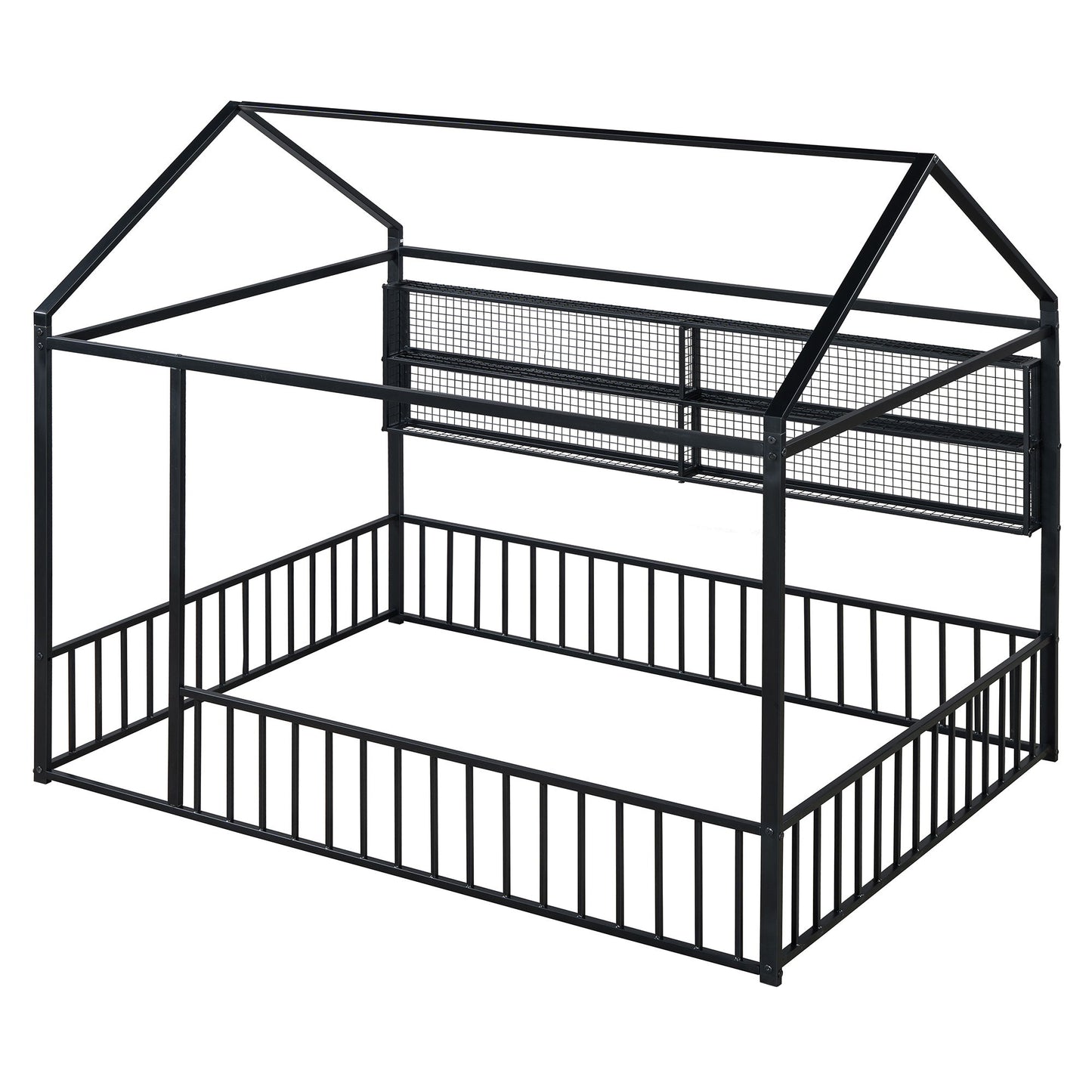 Full Size Bed House Frame With Fence And Shelves - Black
