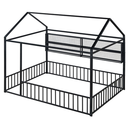 Full Size Bed House Frame With Fence And Shelves - Black