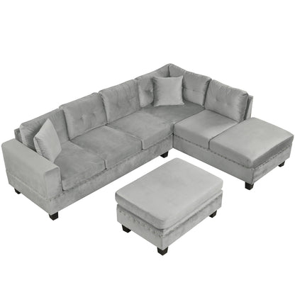 Modern Sectional Sofa With Storage Ottoman, L - Shape Couch With 2 Pillows And Cup Holders - Gray