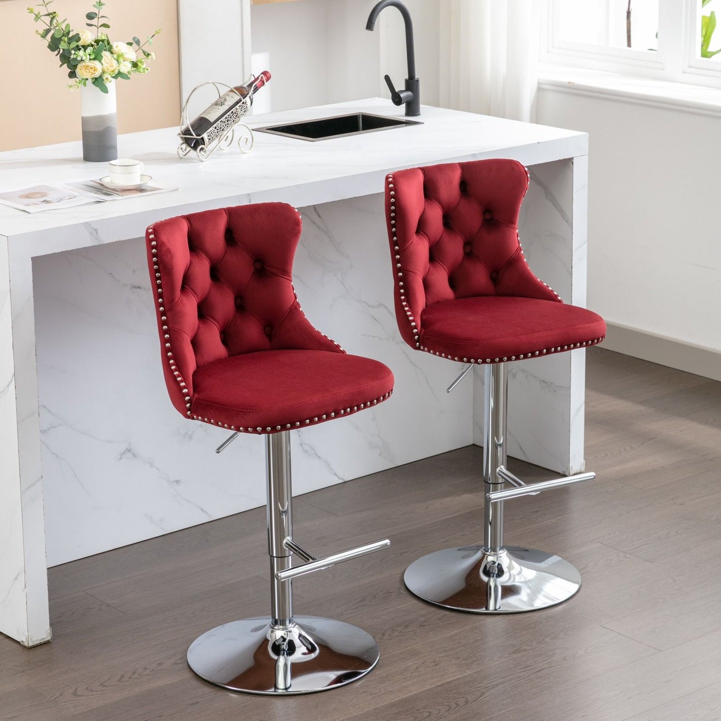Swivel Velvet Barstools Adjusatble Seat Height From 25-33", Chrome Base Bar Stools With Backs Comfortable Tufted For Home Pub And Kitchen Island, 1712Wr (Set of 2) - Wine Red / Burgundy