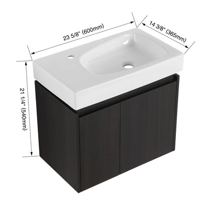 Modern 24" Bathroom Vanity With Ceramic Basin, Wall Mounted Sink Combo Cabinet - Black