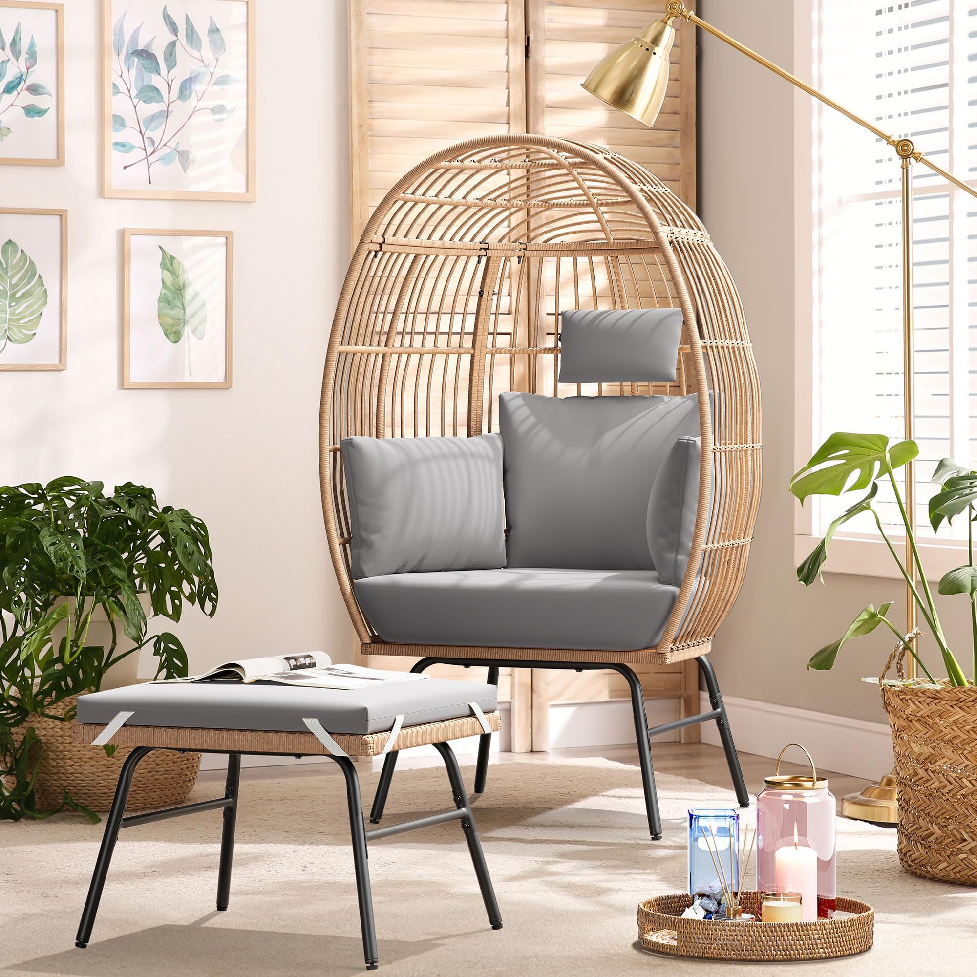 Outdoor Garden Wicker Egg Chair And Footstool Patio Chaise, With Cushions, Outdoor Indoor Basket Chair - Blue / Neutral