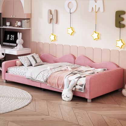 Twin Size Upholstered Daybed, Sherpa Fabric Sofabed With Cloud-Shaped Backrest, No Box - Spring Needed - Pink