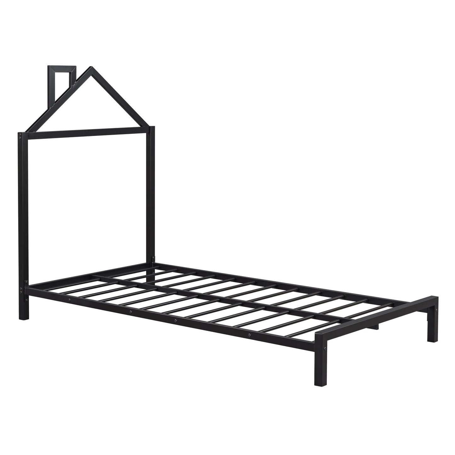 Twin Size Platform Bed With House-Shaped Headboard Design - Black