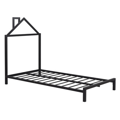 Twin Size Platform Bed With House-Shaped Headboard Design - Black