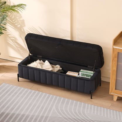 Wide Upholstered Velvet Storage Soft Bench Footstool Ottoman End Of Bed With Metal Legs, Foot Rest For Living Room, Entryway And Bedroom - Black