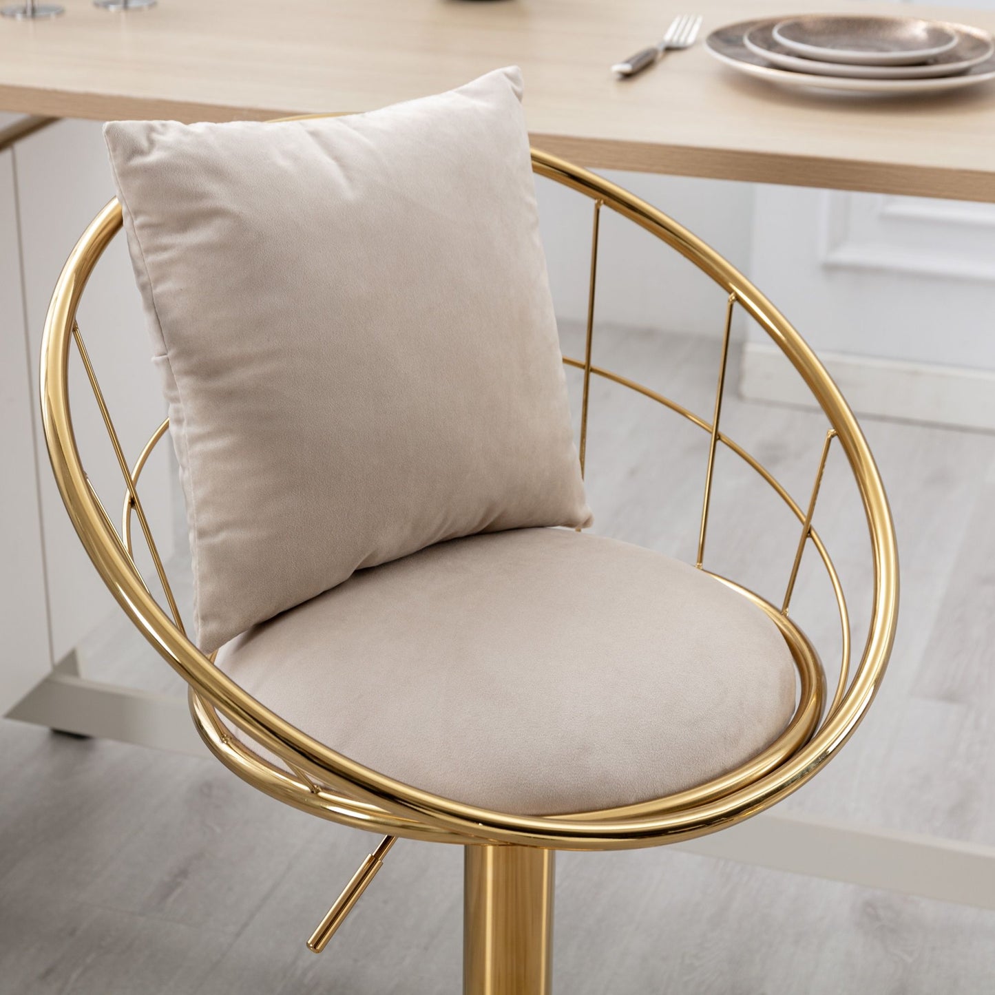 Velvet Bar Chair, Pure Gold Plated, Unique Design, 360 Degree Rotation, Adjustable Height, Suitable For Dining Room And Bar, (Set of 2) - Off White
