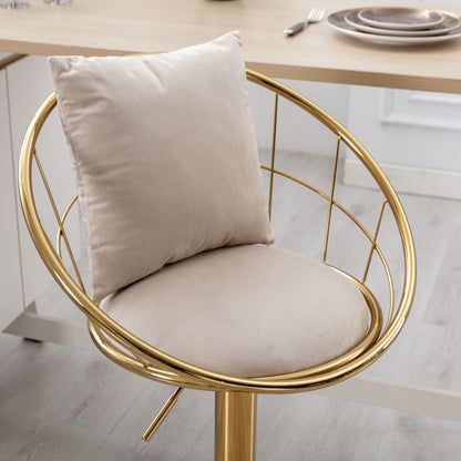 Velvet Bar Chair, Pure Gold Plated, Unique Design, 360 Degree Rotation, Adjustable Height, Suitable For Dining Room And Bar, (Set of 2) - Off White