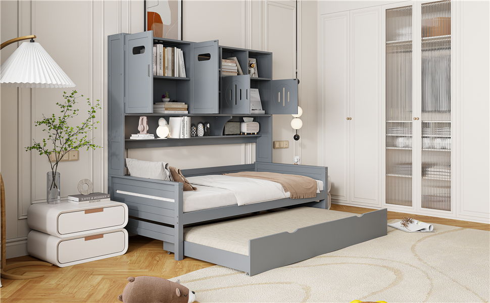 Twin Size Daybed With Twin Size Trundle, And All In One Cabinet And Shelf - Gray