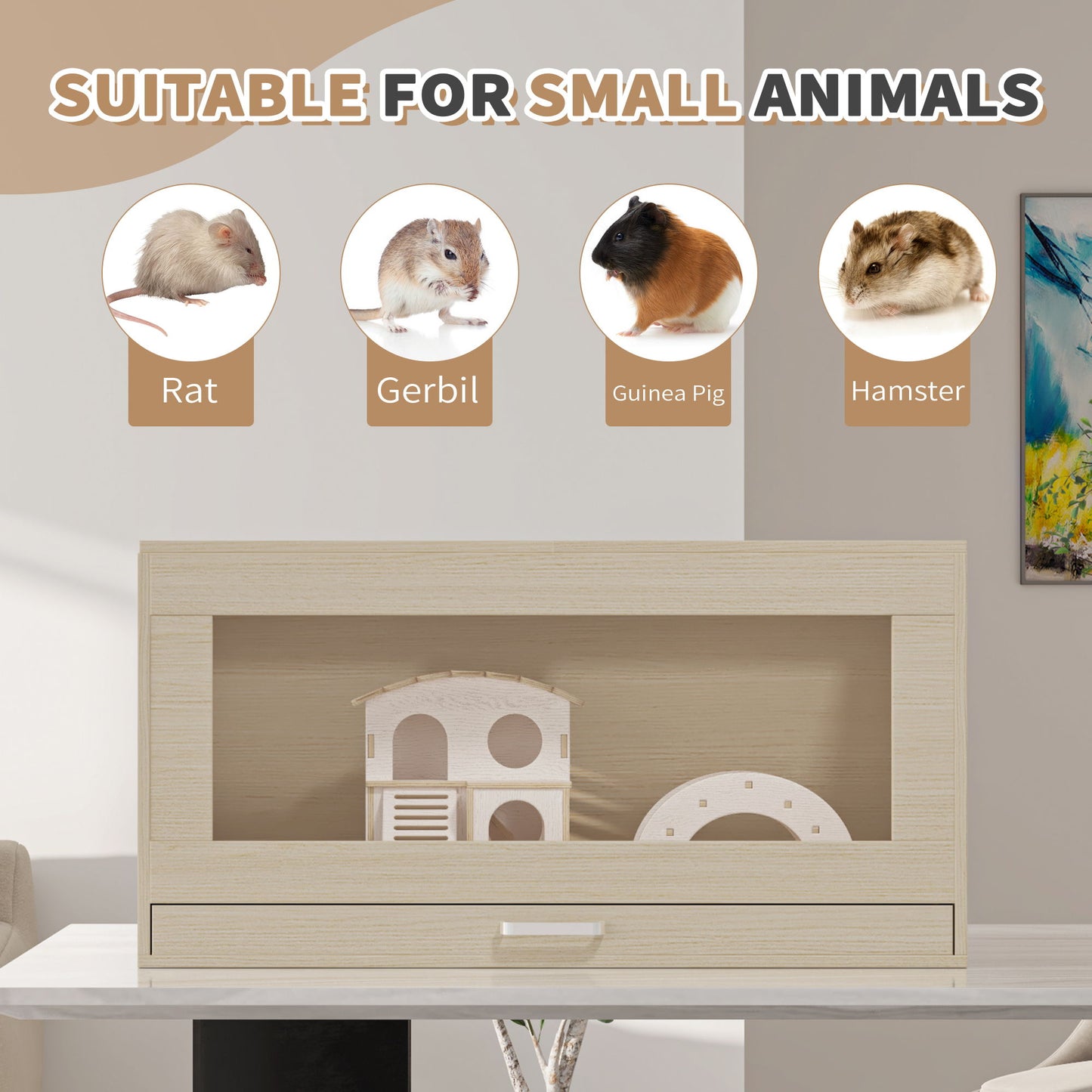 Hamster Cage, Rat Cage Wood With Independent Storage Cabinet, House For Ch" illa With Guinea Pig Hutch And Bridge, Easy View Acrylic Panels, Living Habitat X-Large - Teak
