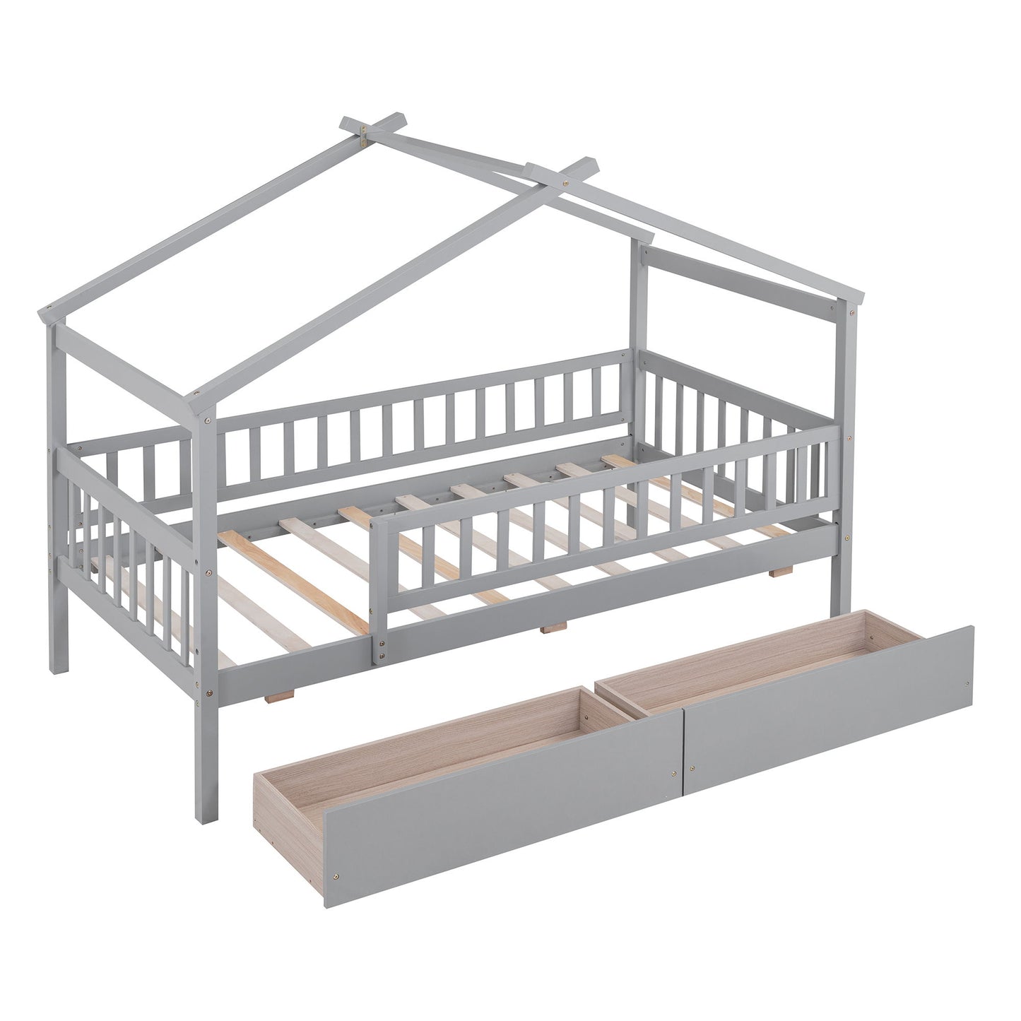 Twin Size House Bed With 2 Drawers - Gray