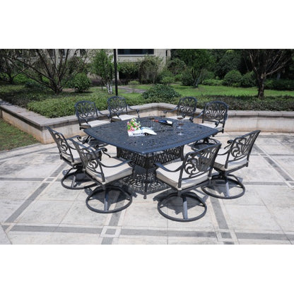 Square 8 Person 64" Long Aluminum Dining Set With Sunbrella Cushions With Swivel And Rocking Chairs - Gray / Ivory