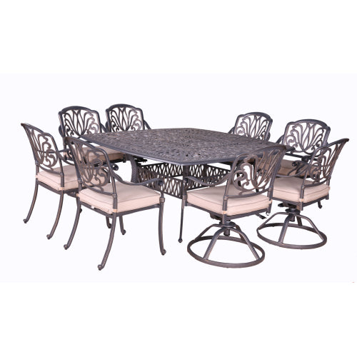 Square 8 Person 64" Long Aluminum Dining Set With Sunbrella Cushions, 4 Arm And 4 Swivel Chairs - Gray / Ivory