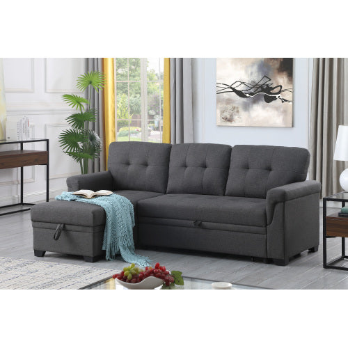 Lucca - Linen Reversible Sleeper Sectional Sofa With Storage Chaise - Dark Gray