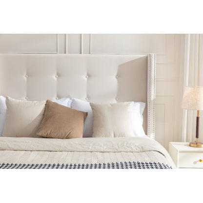 Peyton - Queen Bed Upholstered With High Headboard, Traditional Hand Buttoned Tufting - Ivory Velvet