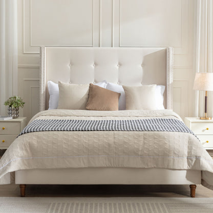 Peyton - Queen Bed Upholstered With High Headboard, Traditional Hand Buttoned Tufting - Ivory Velvet