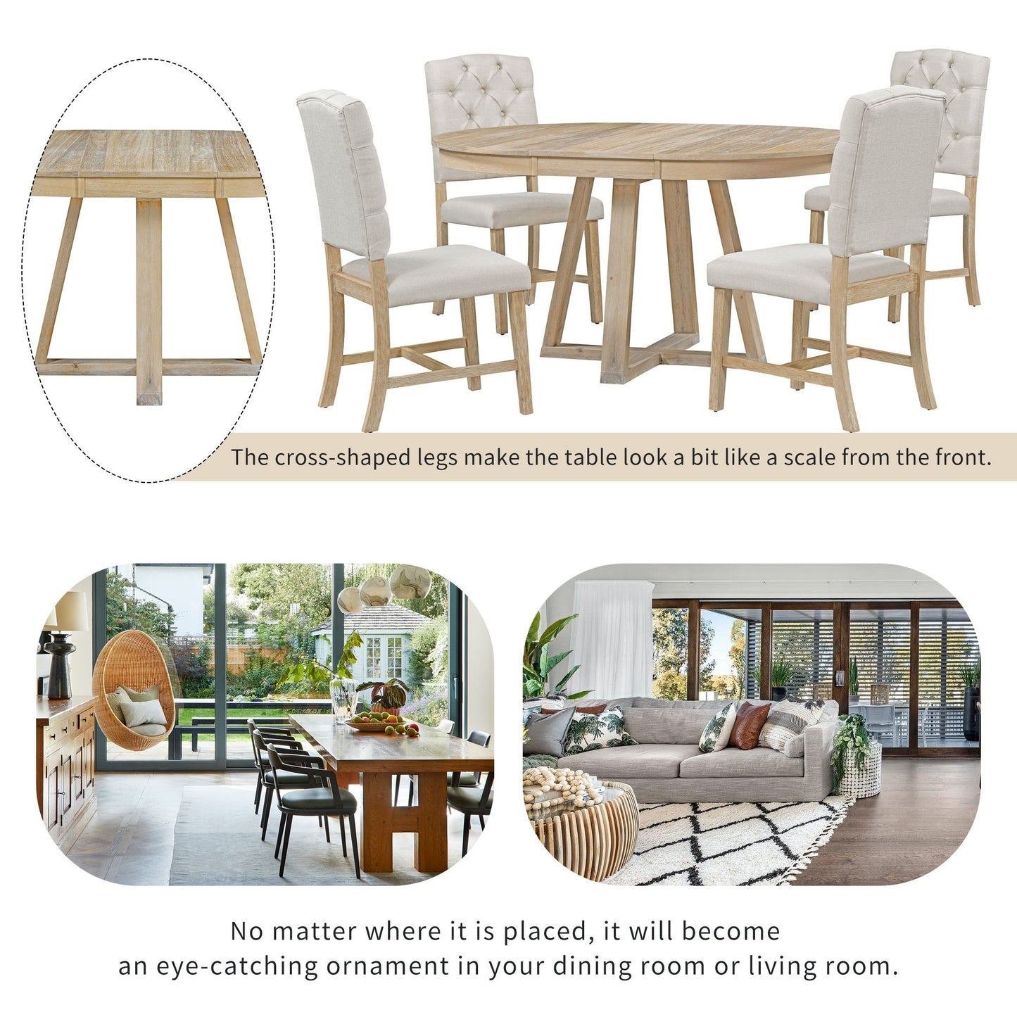 5 Piece Retro Functional Dining Set, Round Table With Leaf And 4 Upholstered Chairs For Dining Room And Living Room - Natural