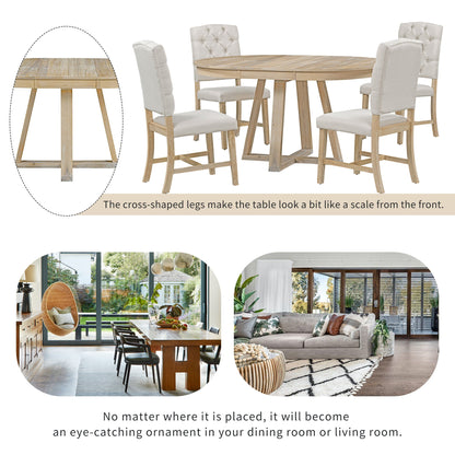 5 Piece Retro Functional Dining Set, Round Table With Leaf And 4 Upholstered Chairs For Dining Room And Living Room - Natural