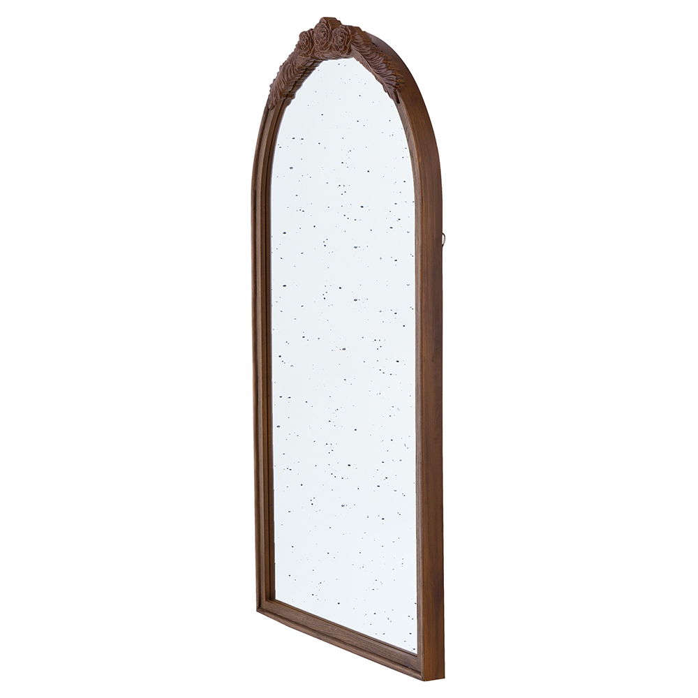 Hand Carved Rose Antique Mirror Frame, Wood Arch Mirror Wall Decor For Living Room, Bathroom, Entryway - Brown