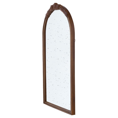 Hand Carved Rose Antique Mirror Frame, Wood Arch Mirror Wall Decor For Living Room, Bathroom, Entryway - Brown