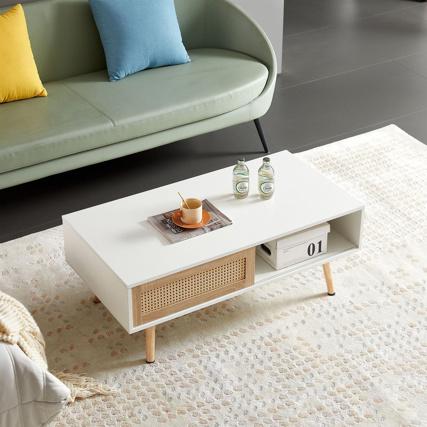 41.34" Rattan Coffee Table, Sliding Door For Storage, Solid Wood Legs, Modern Table For Living Room - White