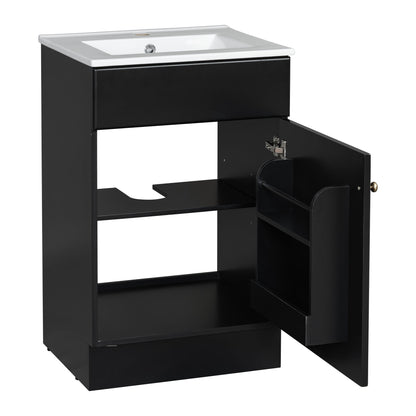 20" Bathroom Vanity With Sink, Freestanding Cabinet With Door Shelf And Adjustable Shelf, And Ceramic Construction - Black