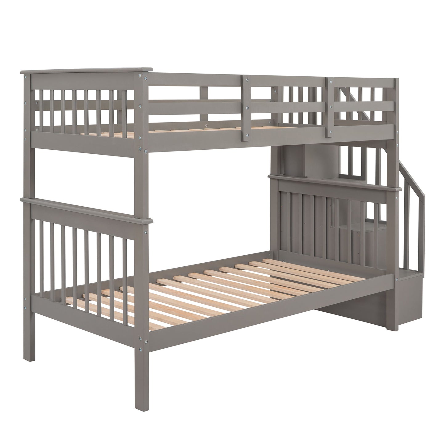 Stairway Twin Over Twin Bunk Bed With Storage And Guard Rail For Bedroom - Gray