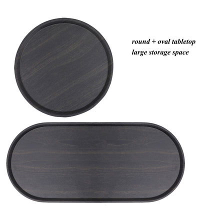 Round Coffee Table With Storage Tray 2 Tier Oval End Tables Wooden Small Side Table For Living Room - Black