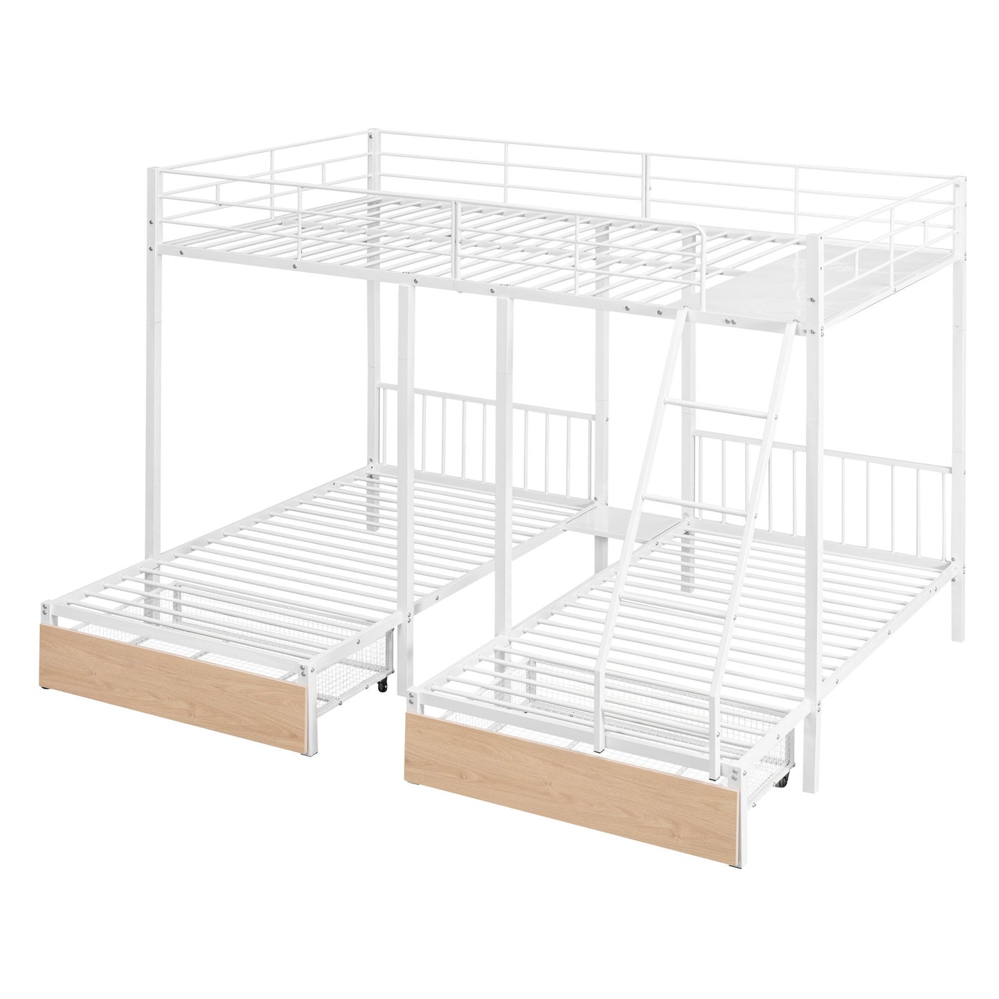Full Over Twin & Twin Bunk Bed, Triple Bunk Bed With Drawers And Guardrails - White