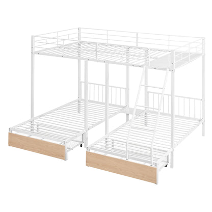 Full Over Twin & Twin Bunk Bed, Triple Bunk Bed With Drawers And Guardrails - White